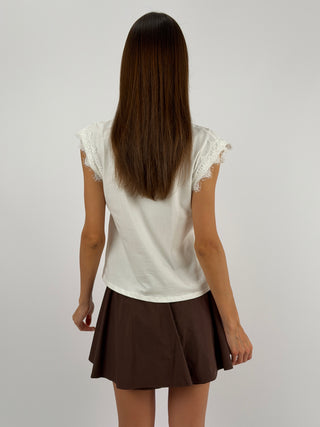 T-shirt con Bordi in Pizzo Bianca