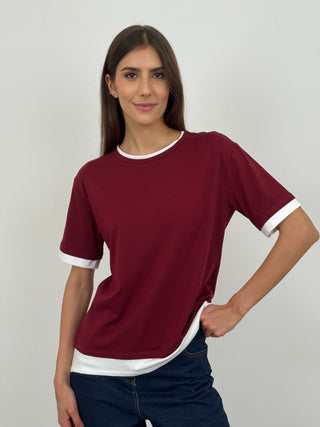 T-shirt con Bordi a Contrasto Bordeaux