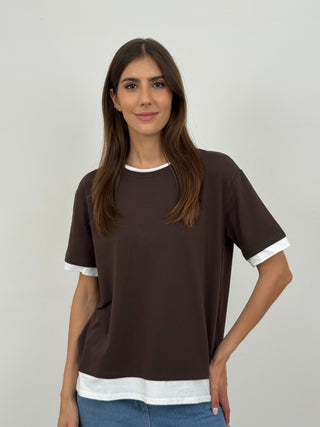 T-shirt con Bordi a Contrasto Marrone