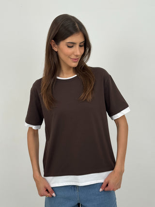 T-shirt con Bordi a Contrasto Marrone