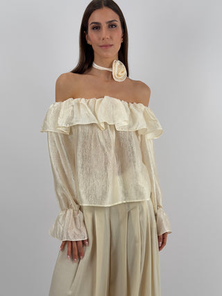Top Crema Off Shoulder con Rosa Lumina