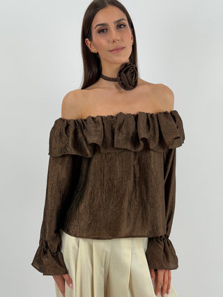 Top Marrone Off Shoulder con Rosa Lumina