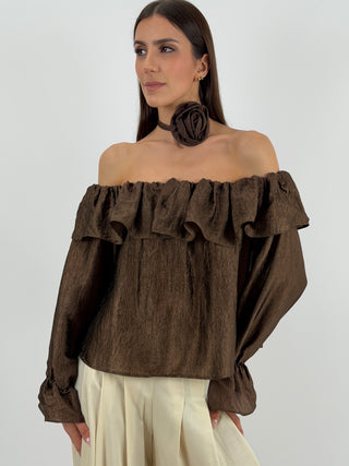 Top Marrone Off Shoulder con Rosa Lumina