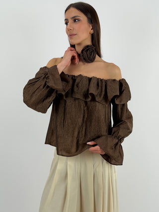 Top Marrone Off Shoulder con Rosa Lumina