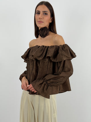 Top Marrone Off Shoulder con Rosa Lumina