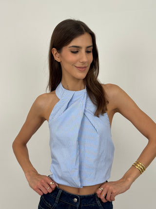 Top Halter con Fiocco a Righe Azzurro