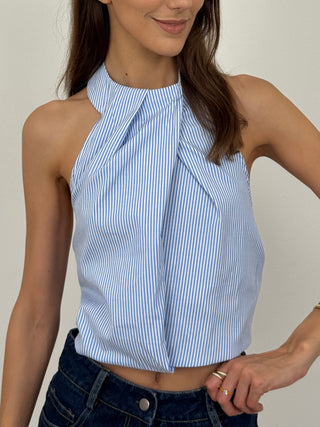 Top Halter con Fiocco a Righe Azzurro