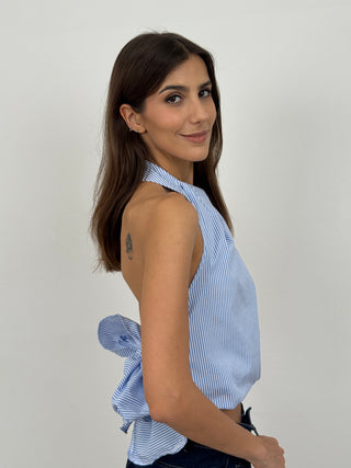 Top Halter con Fiocco a Righe Azzurro
