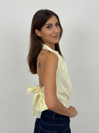 Top Halter con Fiocco a Righe Giallo
