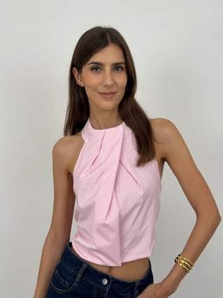 Top Halter con Fiocco a Righe Rosa