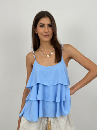 Top con Dettagli Oro e Balze Azzurro