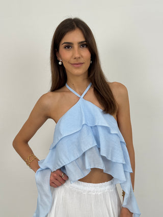 Top Allacciato al Collo con Drappeggio Azzurro