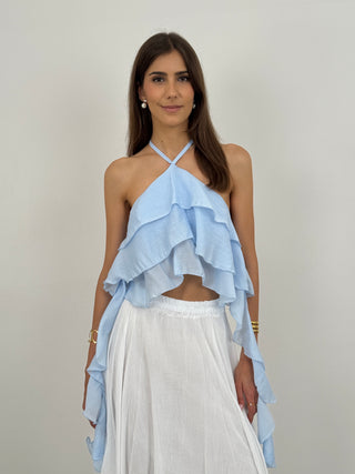 Top Allacciato al Collo con Drappeggio Azzurro