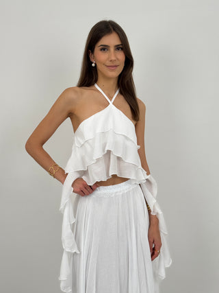 Top Allacciato al Collo con Drappeggio Bianco