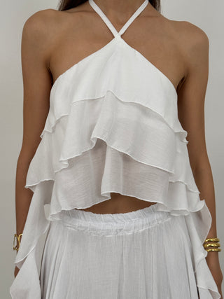 Top Allacciato al Collo con Drappeggio Bianco