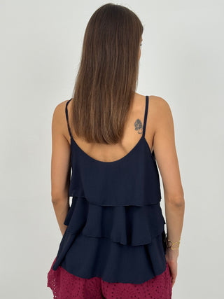 Top con Dettagli Oro e Balze Blu