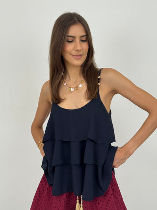 Top con Dettagli Oro e Balze Blu