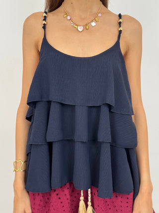 Top con Dettagli Oro e Balze Blu