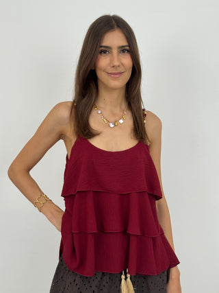 Top con Dettagli Oro e Balze Bordeaux