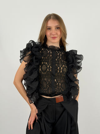 T-Shirt in Pizzo con Volant Nera