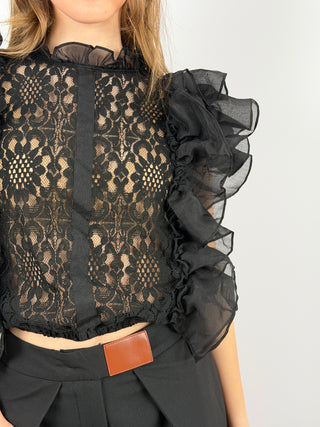 T-Shirt in Pizzo con Volant Nera