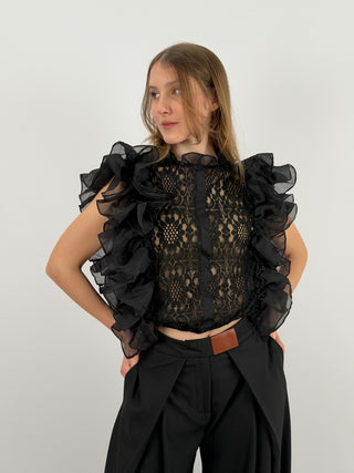 T-Shirt in Pizzo con Volant Nera