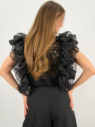 T-Shirt in Pizzo con Volant Nera