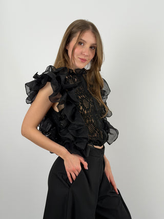 T-Shirt in Pizzo con Volant Nera