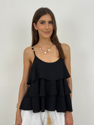 Top con Dettagli Oro e Balze Nero