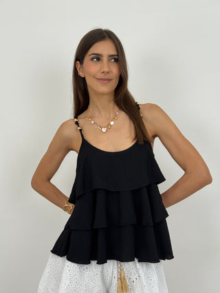 Top con Dettagli Oro e Balze Nero