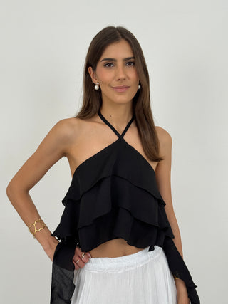 Top Allacciato al Collo con Drappeggio Nero