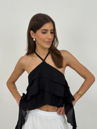 Top Allacciato al Collo con Drappeggio Nero
