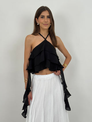 Top Allacciato al Collo con Drappeggio Nero