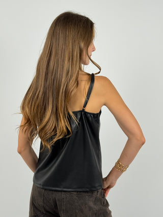 Top in Pelle con Inserti in Pizzo Nero