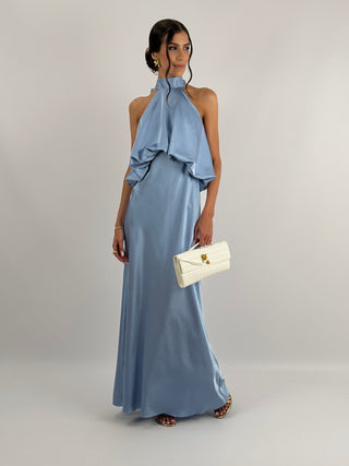 Abito Satin con Top a Balza Azzurro Polvere