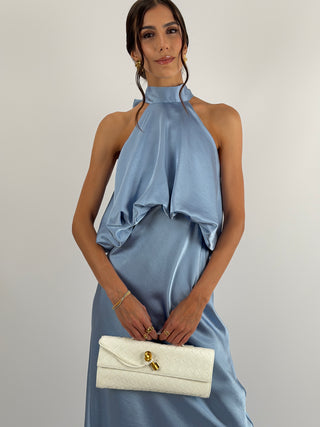 Abito Satin con Top a Balza Azzurro Polvere