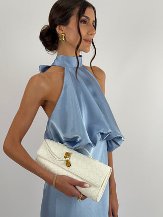 Abito Satin con Top a Balza Azzurro Polvere