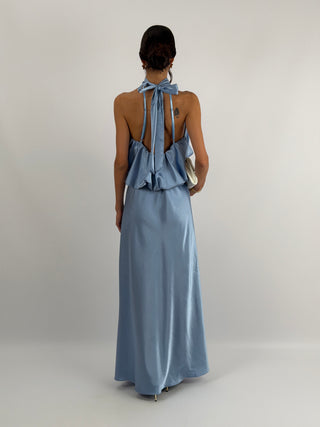 Abito Satin con Top a Balza Azzurro Polvere