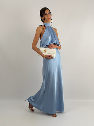 Abito Satin con Top a Balza Azzurro Polvere