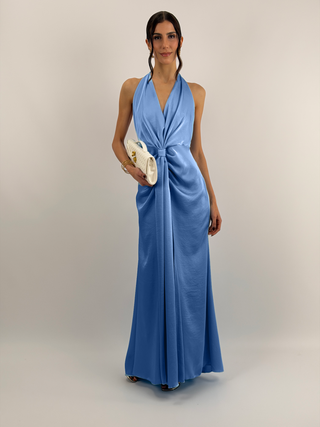 Abito Lungo Scollo a V con Drappeggio Azzurro Polvere