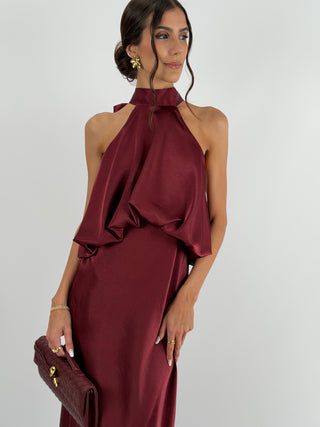 Abito Satin con Top a Balza Burgundy