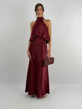 Abito Satin con Top a Balza Burgundy