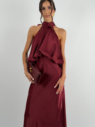 Abito Satin con Top a Balza Burgundy