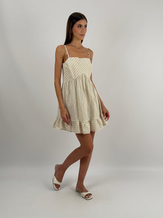 Abito Corto a Righe Beige - Abito corto beige in fantasia a righe, con spalline sottili e applicazioni, elastico in vita e volant sul fondo. | Paloma Store
