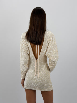 Abito in Velluto con Paillettes Crema