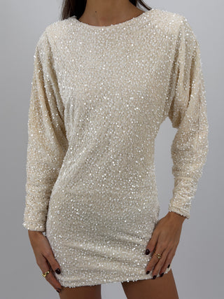Abito in Velluto con Paillettes Crema