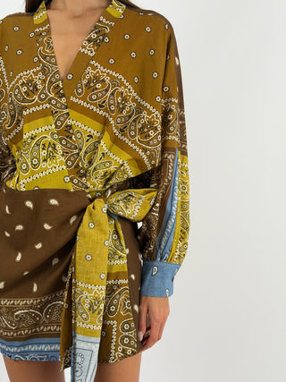 Abito in Cotone con Fantasia Bandana Marrone