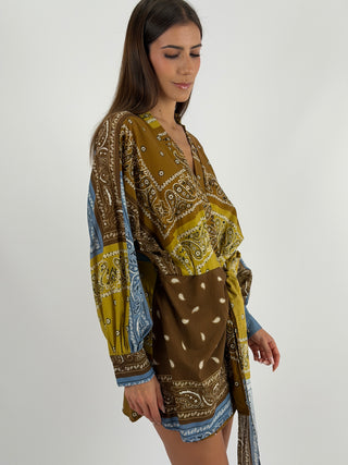 Abito in Cotone con Fantasia Bandana Marrone