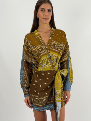 Abito in Cotone con Fantasia Bandana Marrone