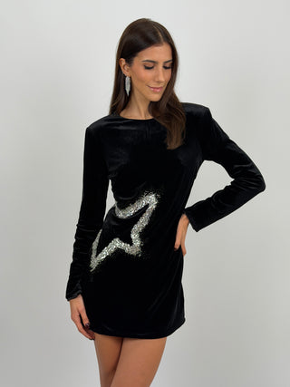 Abito Corto Nero in Velluto con Applicazioni